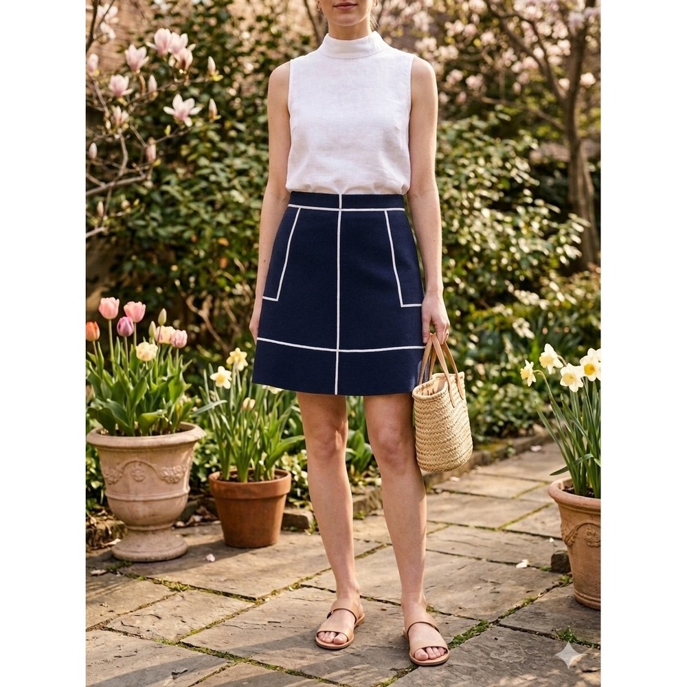 Saks Fifth Avenue Navy White Windowpane Colorblock Knit Skirt Size Small EUC